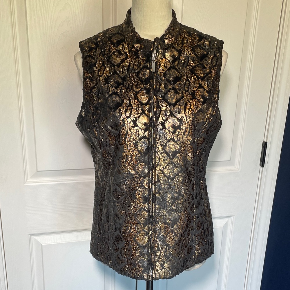 Erin London‎ Snake Print Black & Bronze Metallic Front Zip Vest Size Small